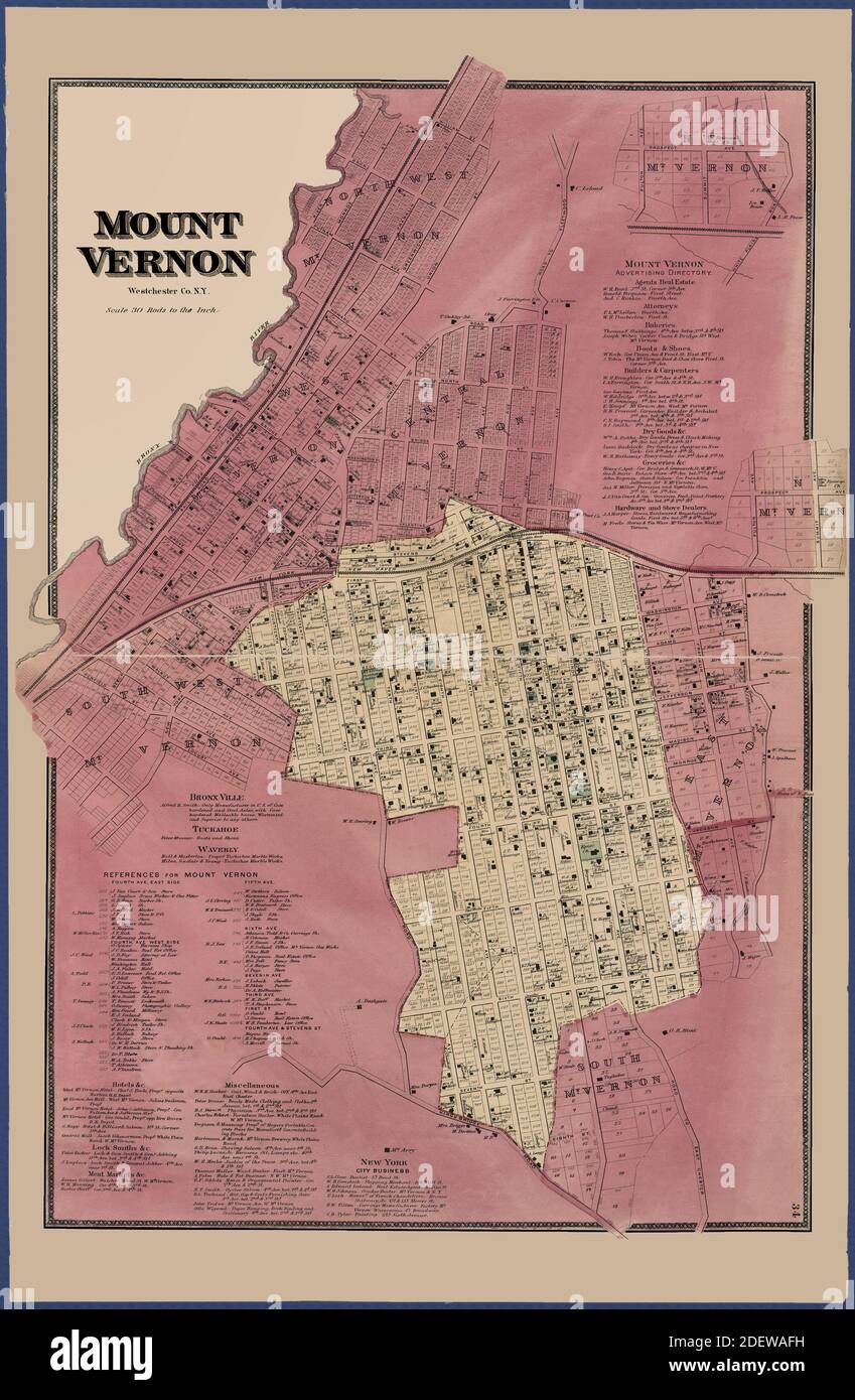 Mount Vernon, Westchester Co. NY Mappa 1868, Old map of Mount Vernon, New York, dal 1868 circa. Mostra la comunità circostante e il fiume Hudson. Si tratta di una riproduzione migliorata e restaurata di una vecchia mappa. È caratterizzato da luoghi di interesse, aziende, nomi di luoghi e nomi di proprietari terrieri. Foto Stock