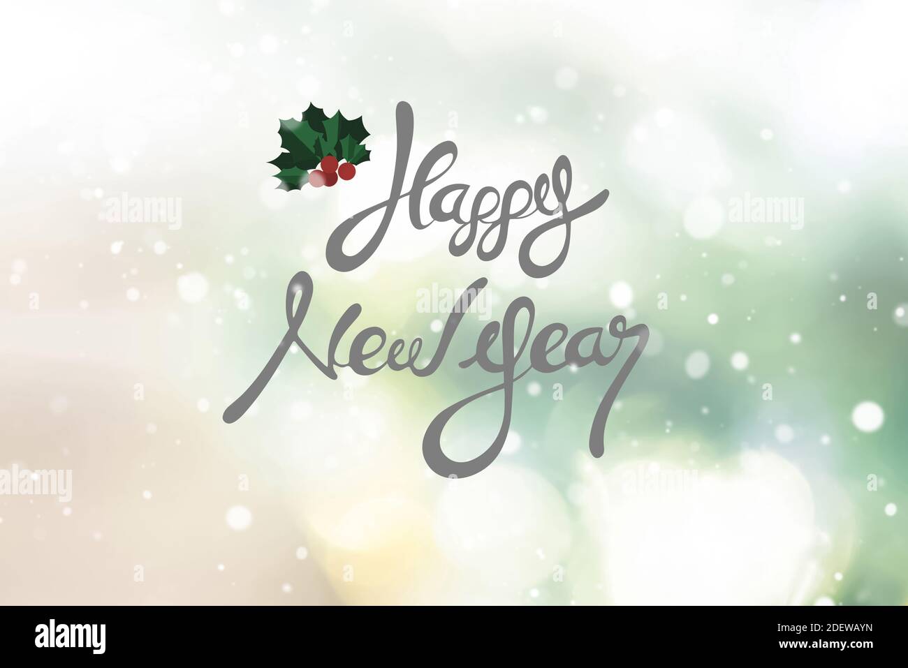 Felice anno nuovo testo su bokeh astratto sfondo con nevicata effetto Foto Stock