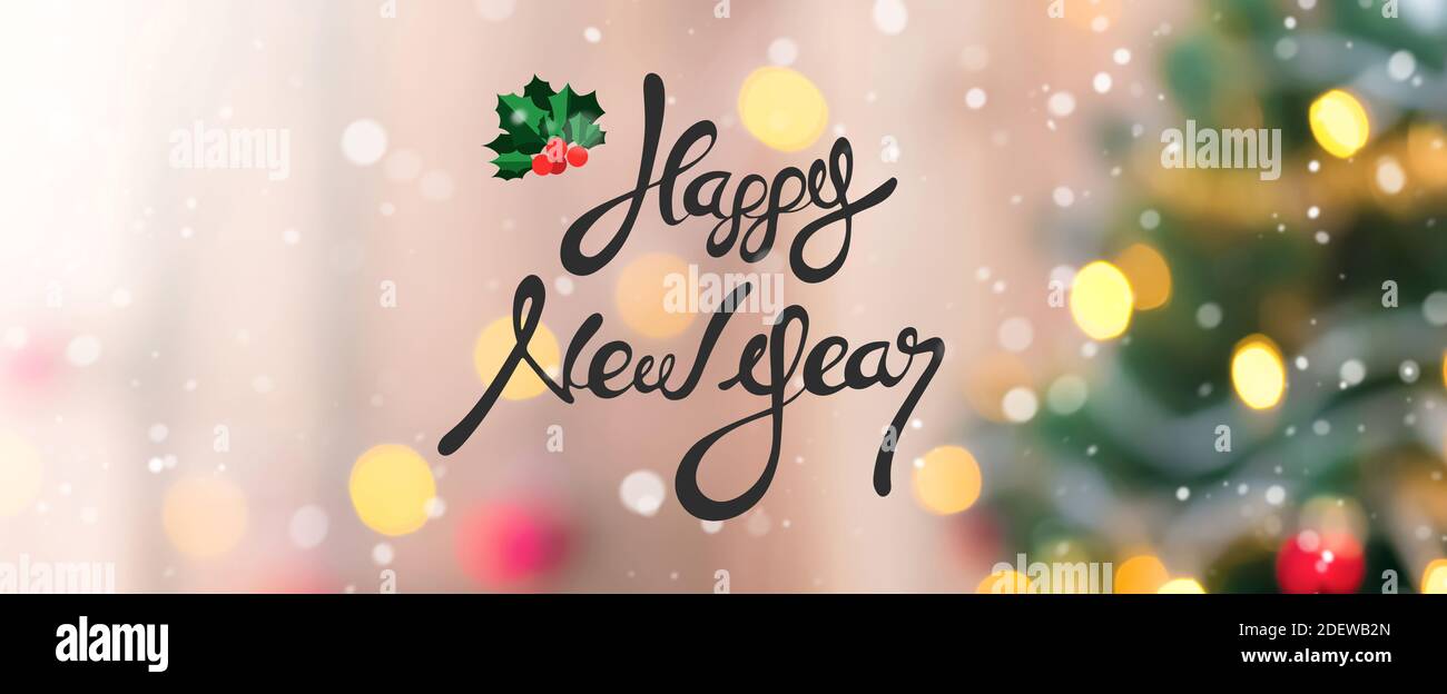 2017 Felice anno nuovo testo su sfondo bokeh colorato con effetto neve, banner panoramico Foto Stock