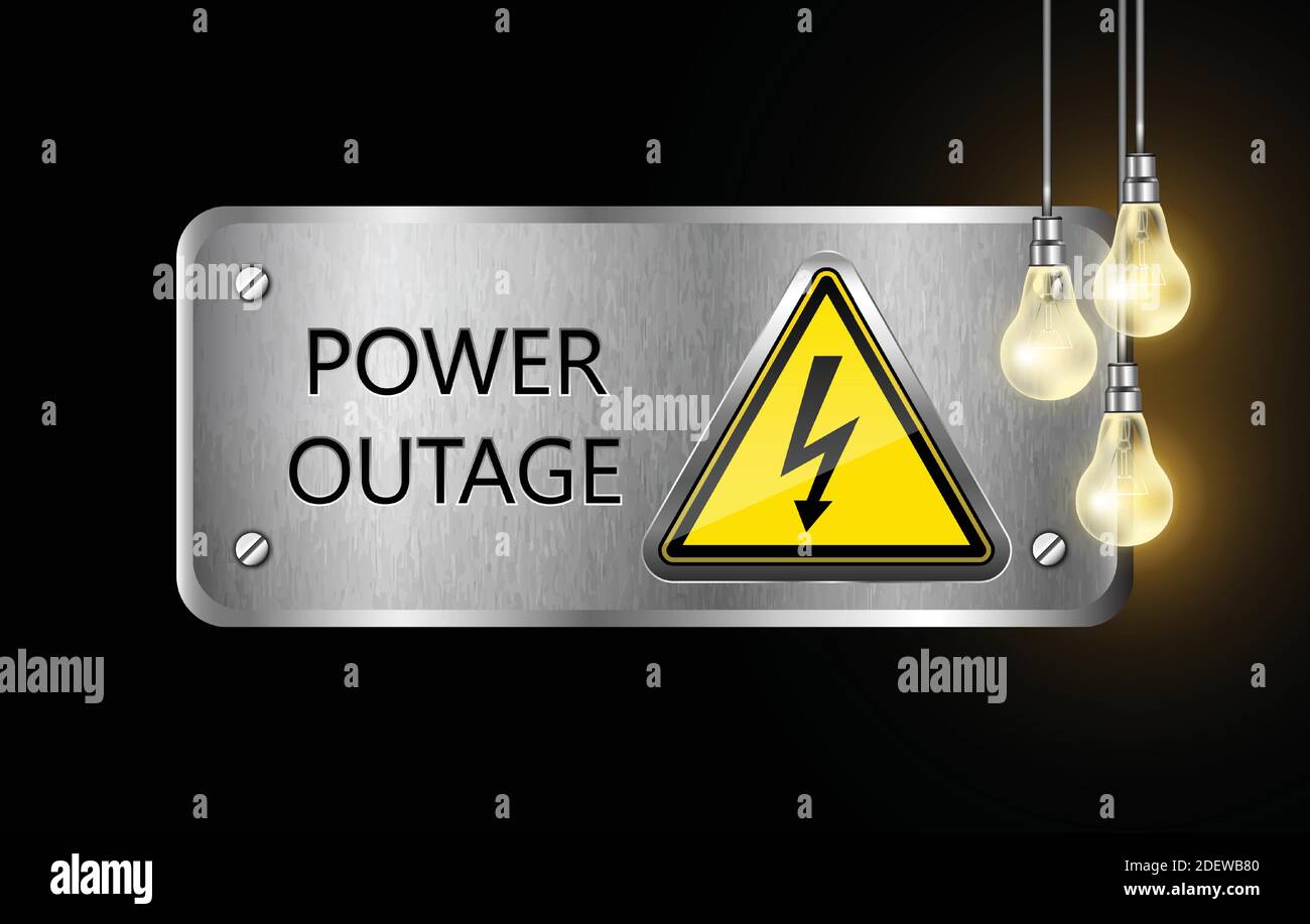 Targhetta di segnalazione in metallo per interruzione dell'alimentazione Vector con cartello segnaletico e lampadine a luce elettrica, su sfondo nero. Illustrazione Vettoriale