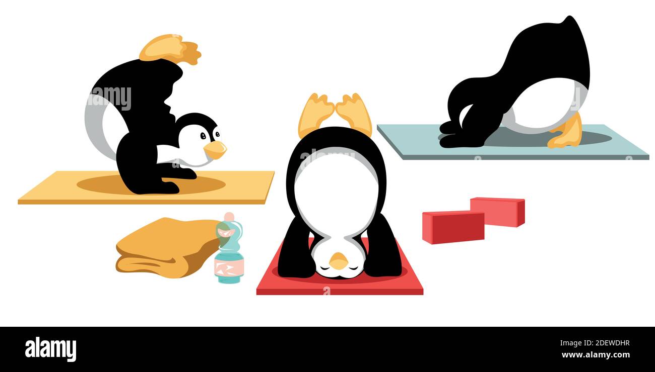 Inversione equilibrando Yoga con i pinguini di Cartoon Illustrazione Vettoriale
