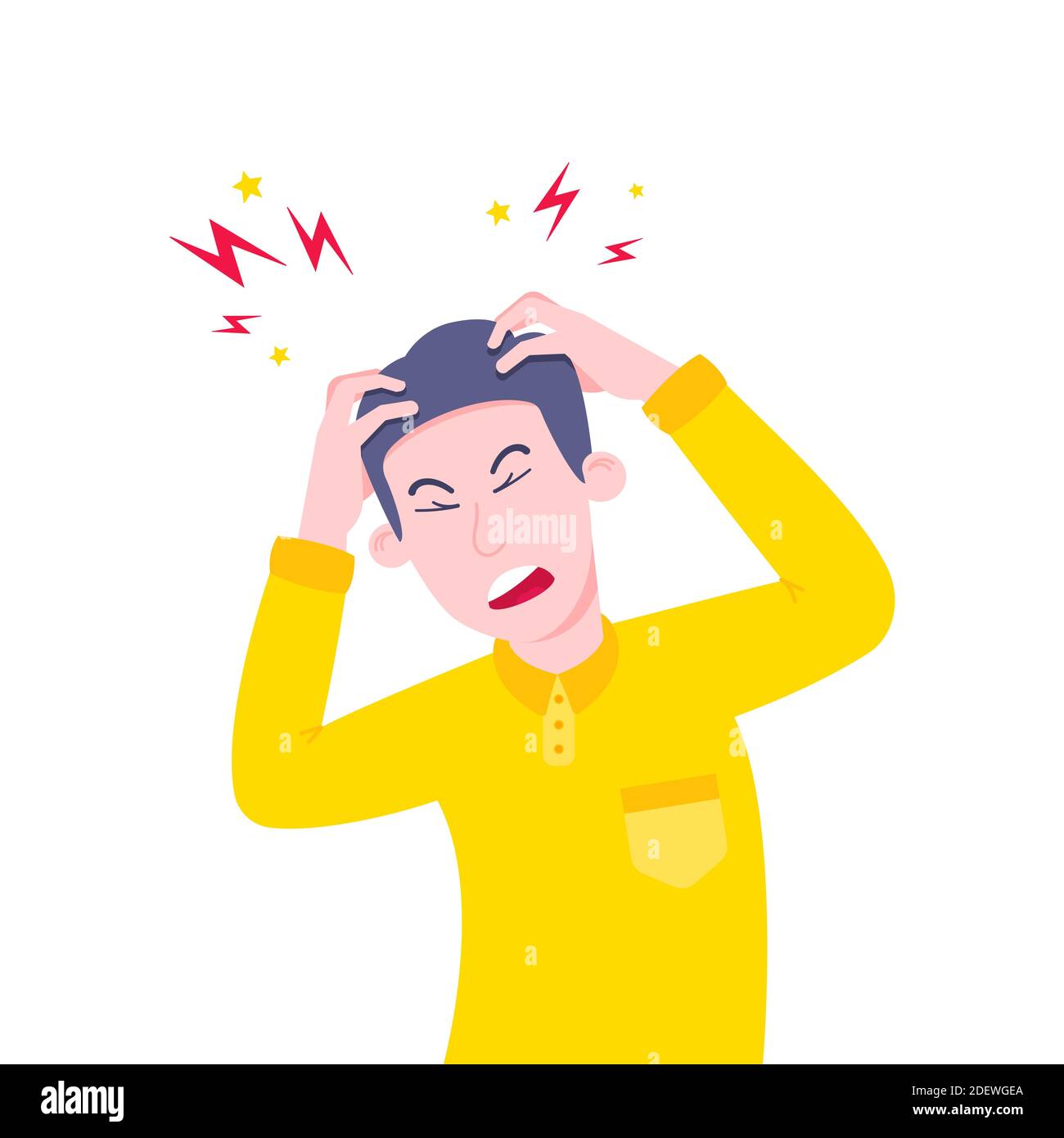 Giovane adulto che soffre di stress mal di testa e che tiene la testa con le mani. Illustrazione Vettoriale