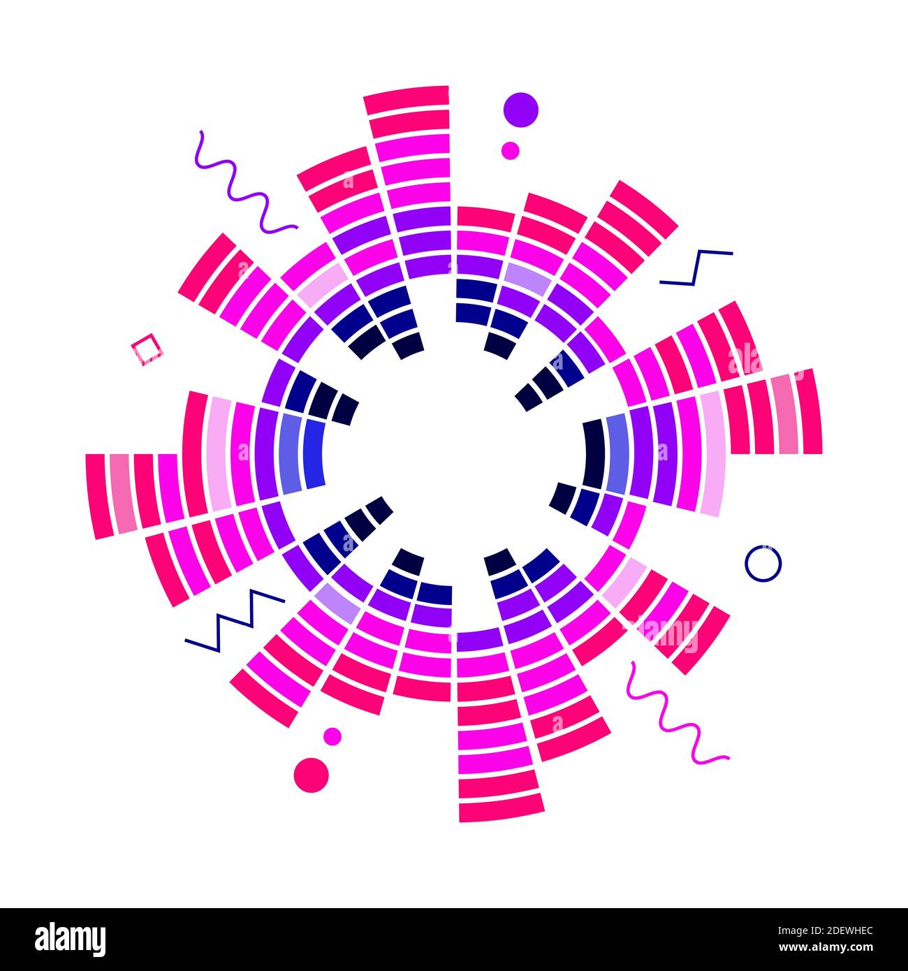 Equalizzatore al neon circolare a colori. Onde sonore arrotondate EQ. Illustrazione vettoriale. Illustrazione Vettoriale