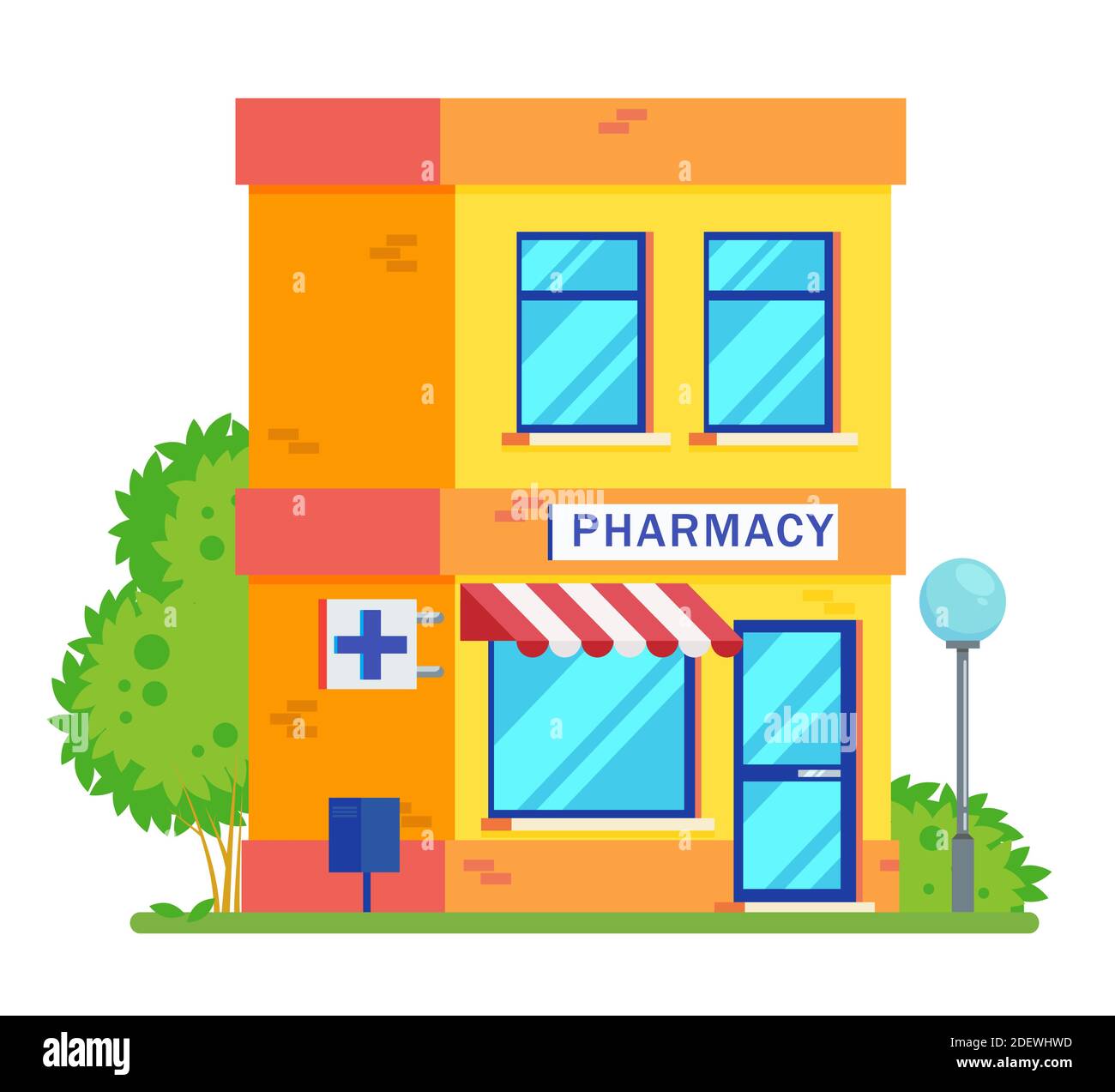 Concetto di medicina della linea dell'edificio colorata della farmacia. La forma architettonica può essere utilizzata per la progettazione di siti web, infografiche. Immagine vettoriale a fumetto piatto iso Illustrazione Vettoriale
