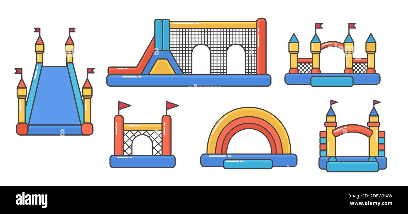Set dei castelli gonfiabili rimbalzanti. Torre e attrezzature per il parco giochi per bambini. Illustrazione della linea a colori vettoriale isolata su sfondo bianco. Illustrazione Vettoriale