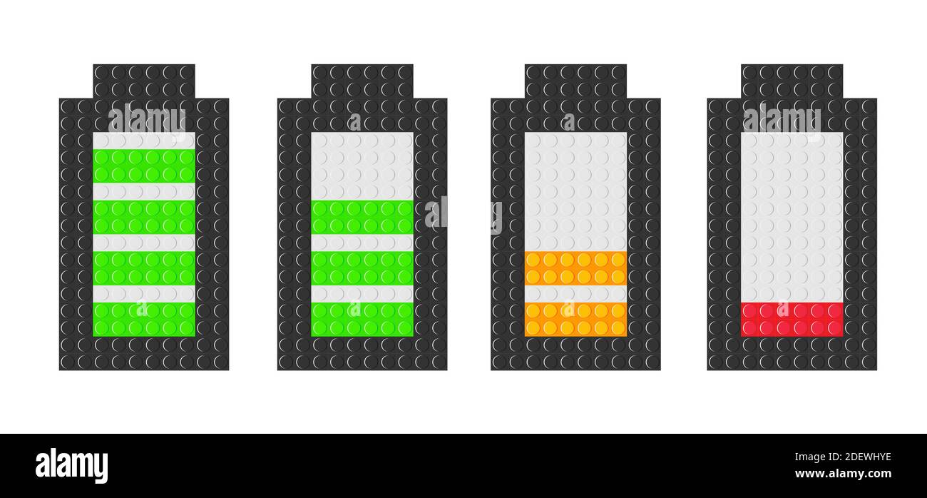 Set di icone della batteria con diversi livelli di carica su sfondo bianco. Indicatore della batteria con giocattolo a blocchi di mattoni. Illustrazione vettoriale isolata in bianco Illustrazione Vettoriale