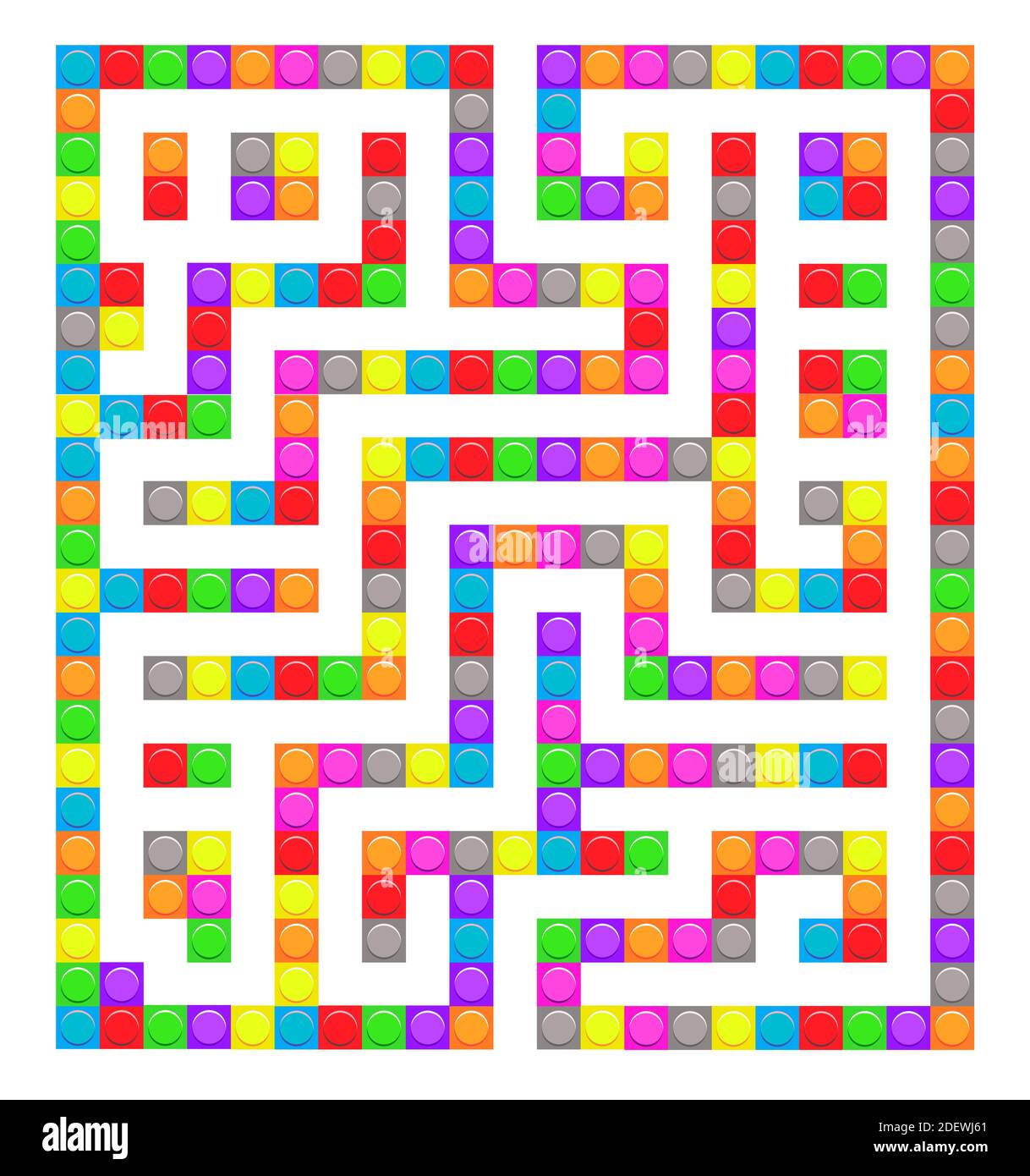 Gioco a labirinto giocattolo di mattoni quadrati per bambini. Logica labirintica. Un ingresso e un modo giusto per andare. Immagine vettoriale piatta luminosa Illustrazione Vettoriale