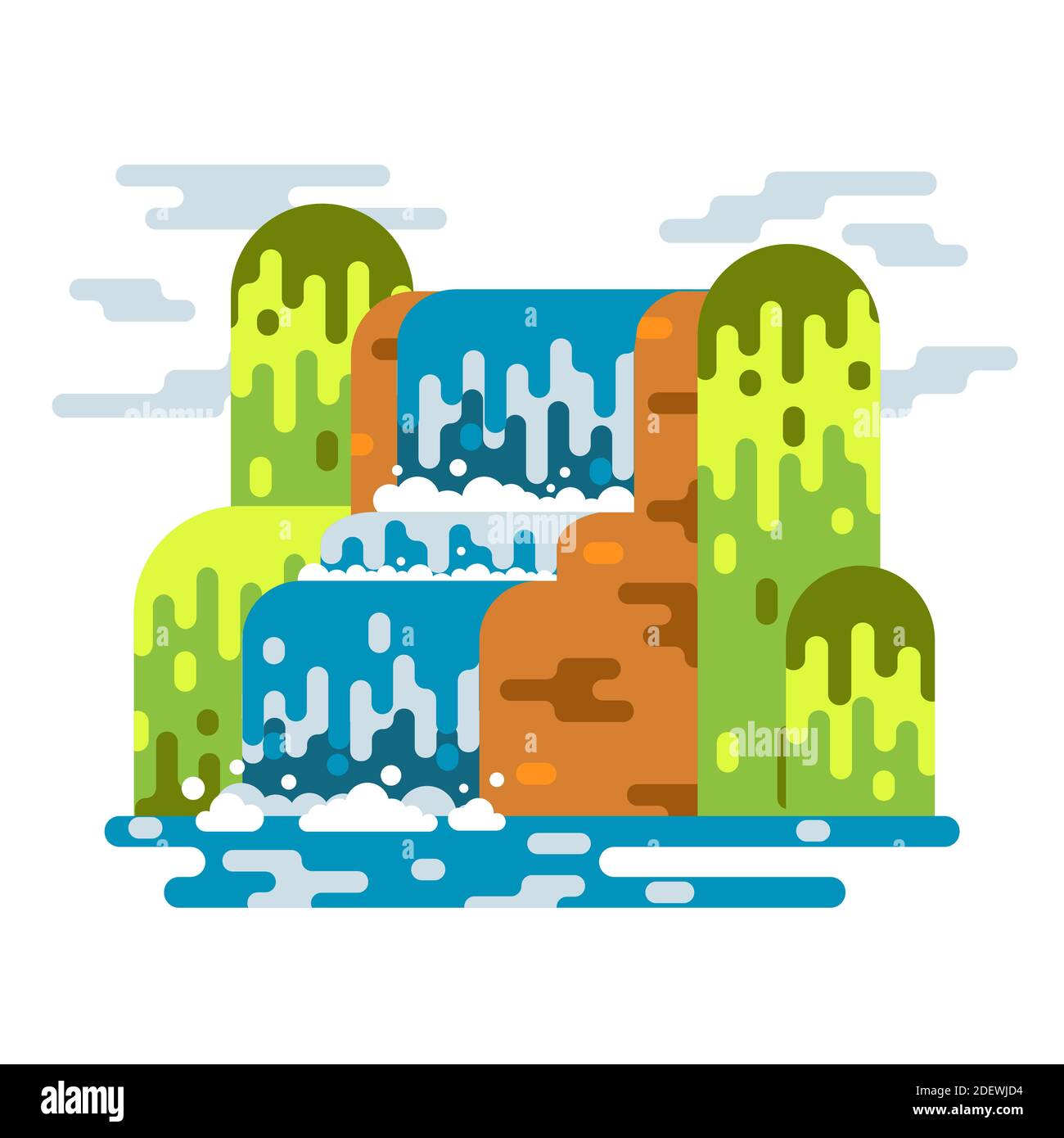 Cascata paesaggio. Fiume di montagna con cascata. Immagine vettoriale a cartoni animati isolati su sfondo bianco. Illustrazione Vettoriale