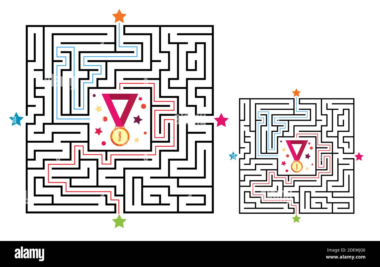 Labirinto quadrato gioco labirinto per bambini. Logica labirintica contamburo con medaglia. Quattro ingressi e due vie di accesso. Immagine piatta vettoriale Illustrazione Vettoriale