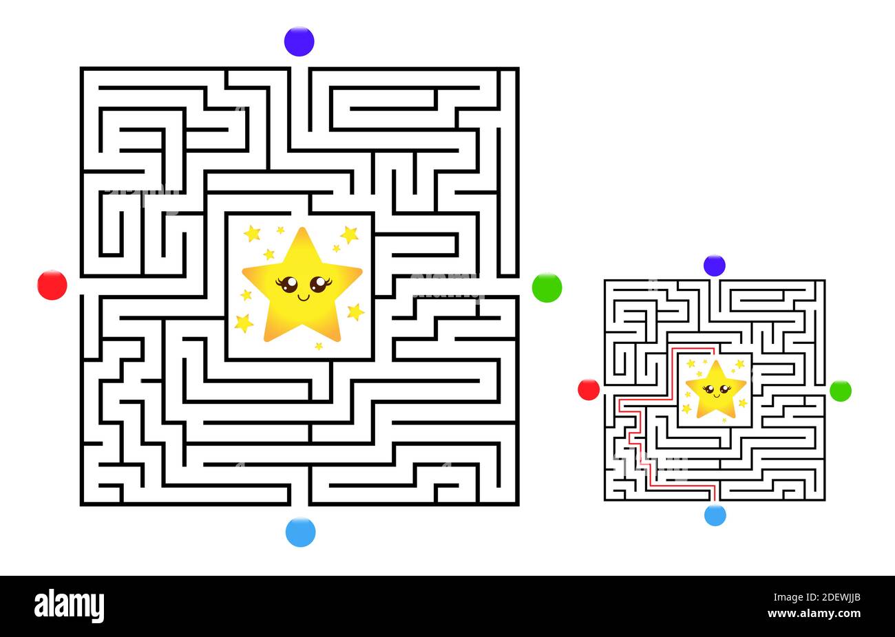 Labirinto quadrato gioco labirinto per bambini. Logica labirintica con stella. Quattro ingressi e una strada a destra per andare. Immagine piatta vettoriale Illustrazione Vettoriale