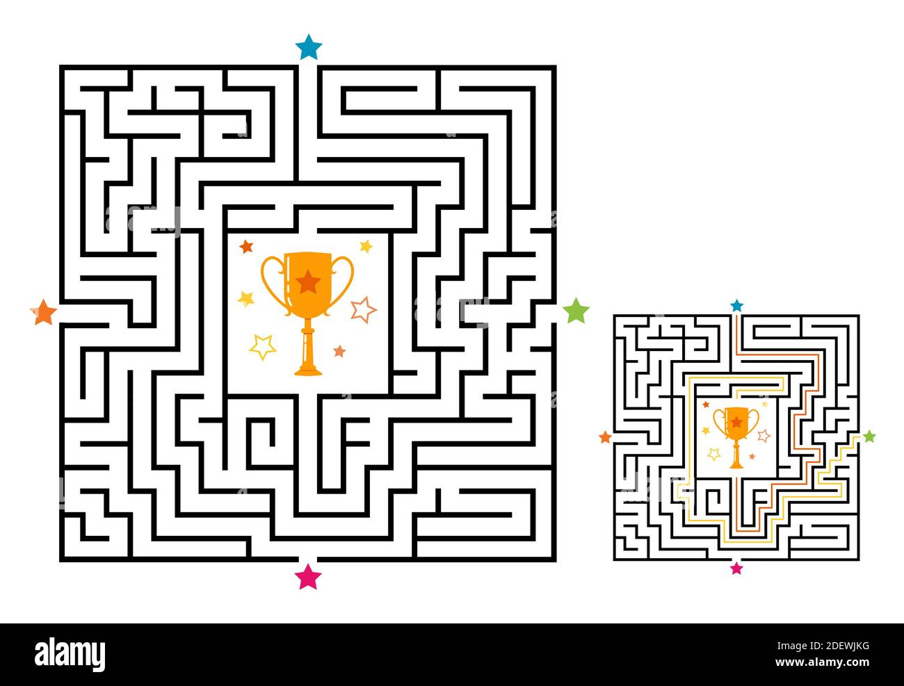 Labirinto quadrato gioco labirinto per bambini. Logica labirintica con coppa vincitrice. Quattro ingressi e una strada a destra per andare. Immagine piatta vettoriale Illustrazione Vettoriale