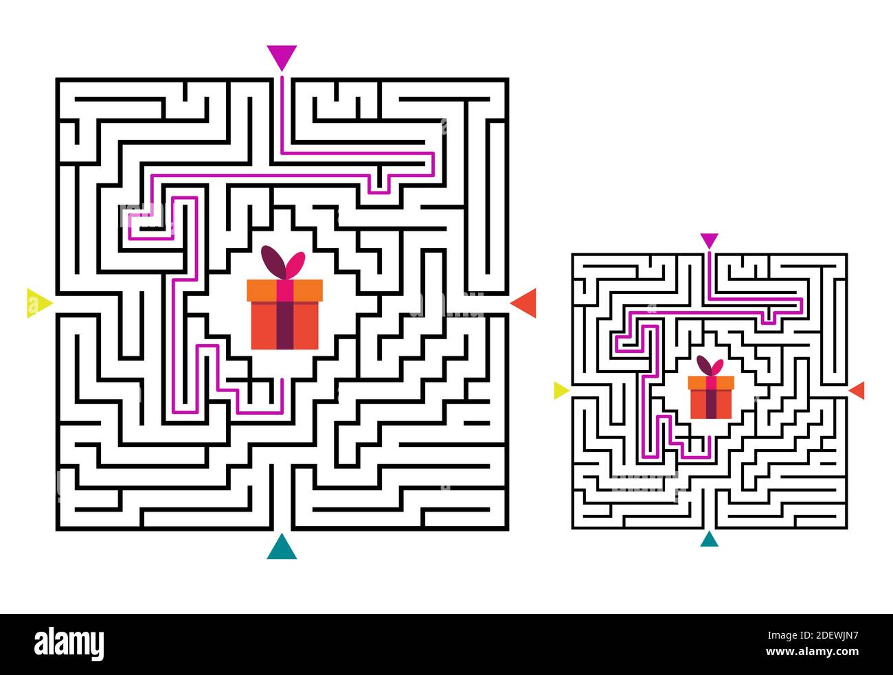 Labirinto quadrato gioco labirinto per bambini. Logica labirintica. Quattro ingressi e una strada a destra per andare. Immagine piatta vettoriale Illustrazione Vettoriale