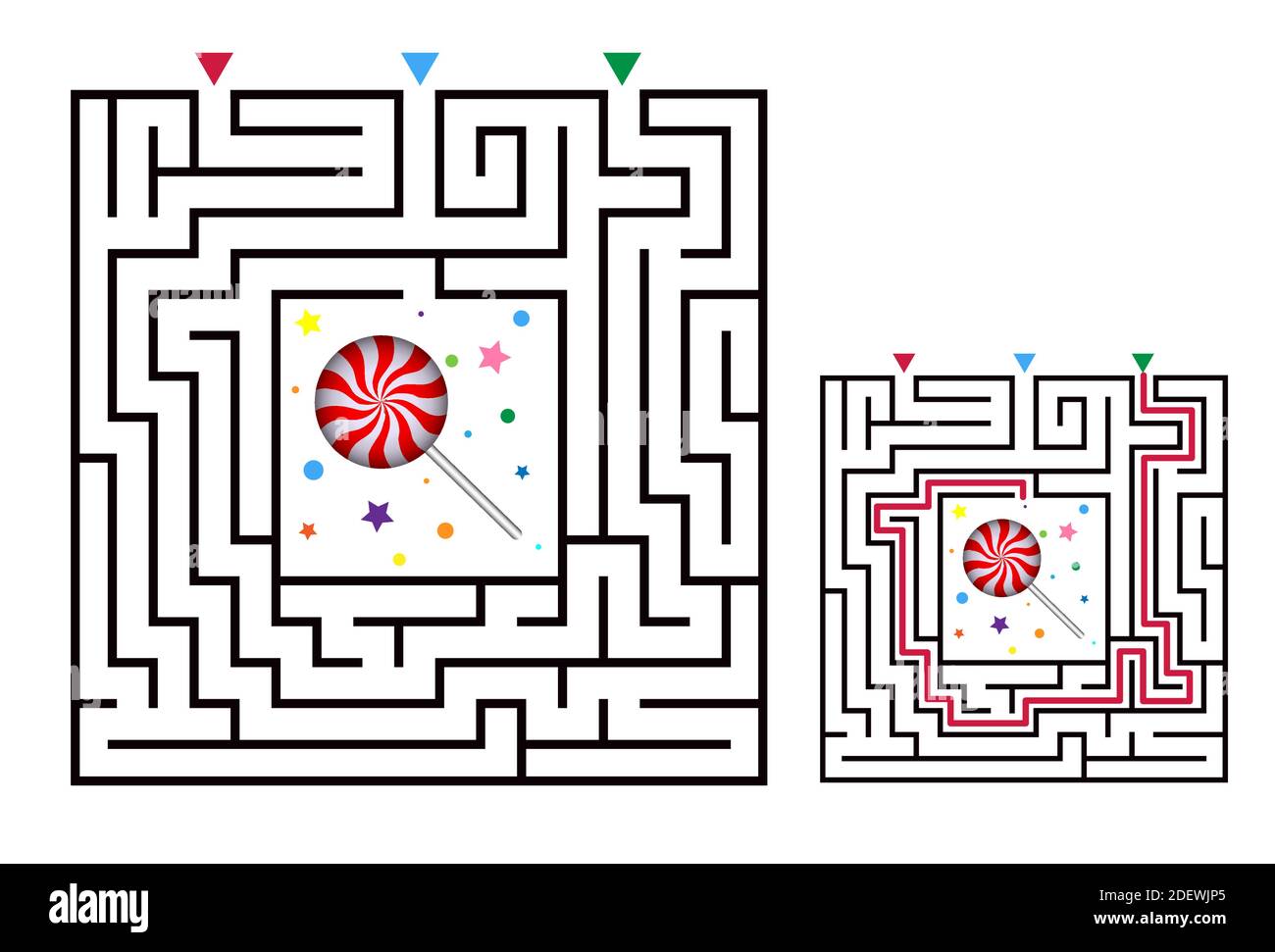 Labirinto quadrato gioco labirinto per bambini. La logica labirintica si dilata con la caramella. Tre ingressi e una strada a destra per andare. Immagine piatta vettoriale Illustrazione Vettoriale