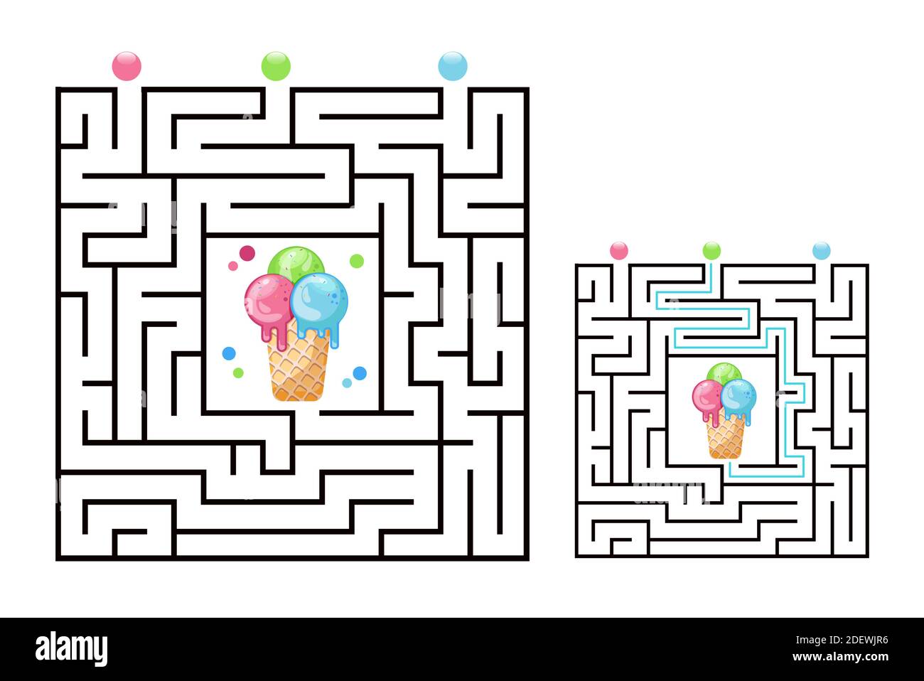 Gioco labirinto quadrato labirinto per bambini con icecream. Logica labirintica. Tre ingressi e una strada a destra per andare. Immagine piatta vettoriale Illustrazione Vettoriale