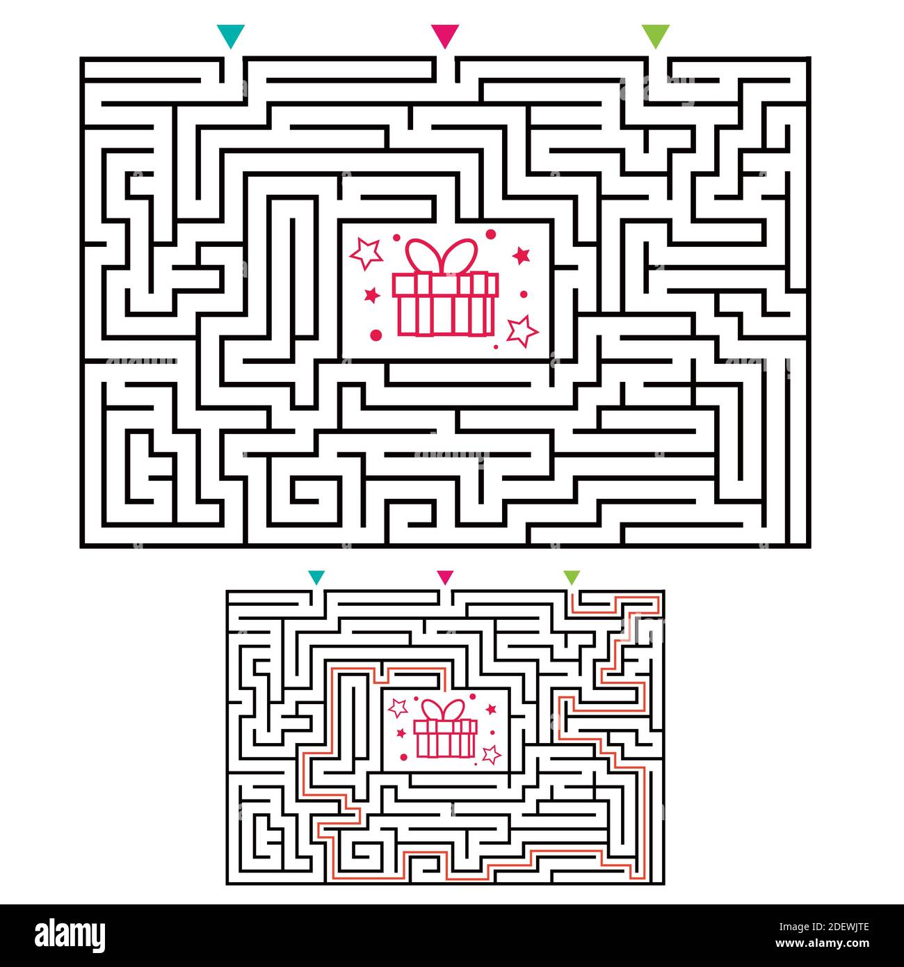 Labirinto rettangolare gioco labirinto per bambini. Logica labirintica. Tre ingressi e una strada a destra per andare. Immagine piatta vettoriale Illustrazione Vettoriale