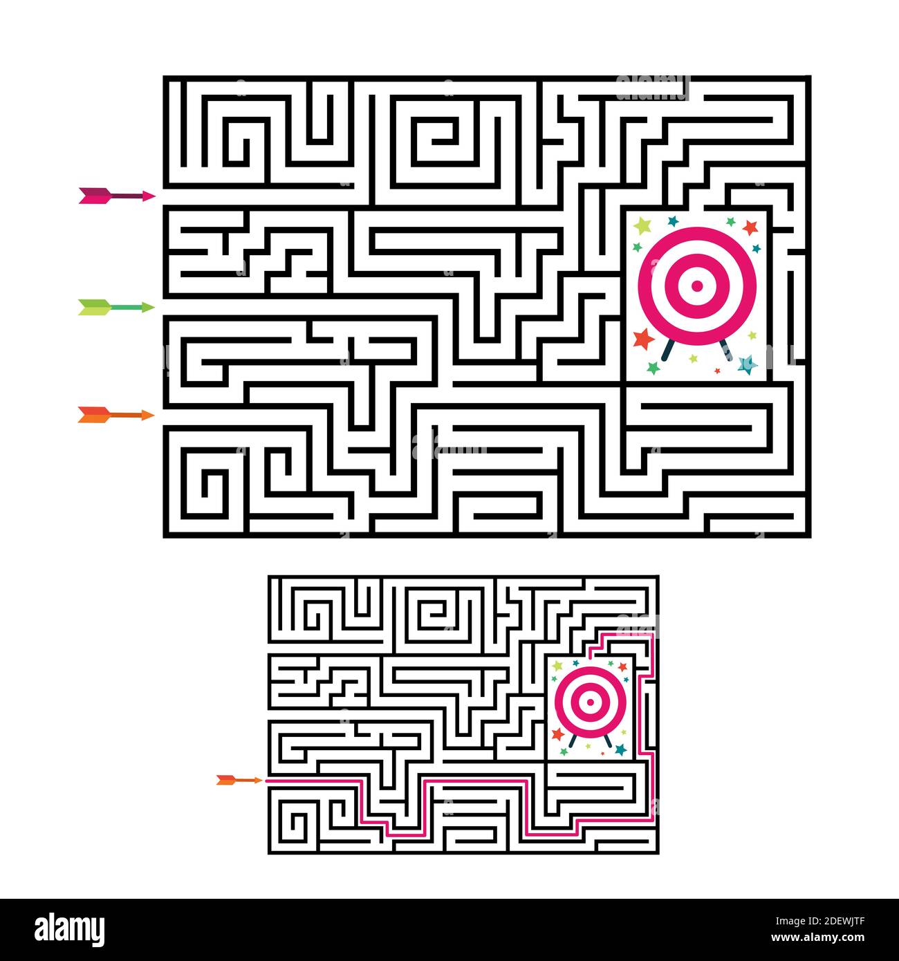 Labirinto quadrato gioco labirinto per bambini. Logica labirintica con target e frecce. 3 ingresso e una strada a destra per andare. Immagine piatta vettoriale Illustrazione Vettoriale