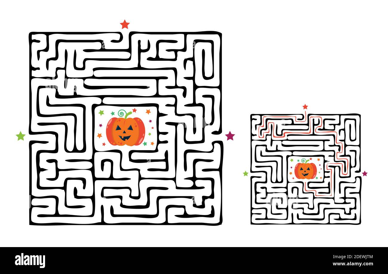 Gioco a labirinto quadrato di Halloween labirinto per bambini. Logica labirintica. Tre ingressi e una strada a destra per andare. Immagine piatta vettoriale Illustrazione Vettoriale