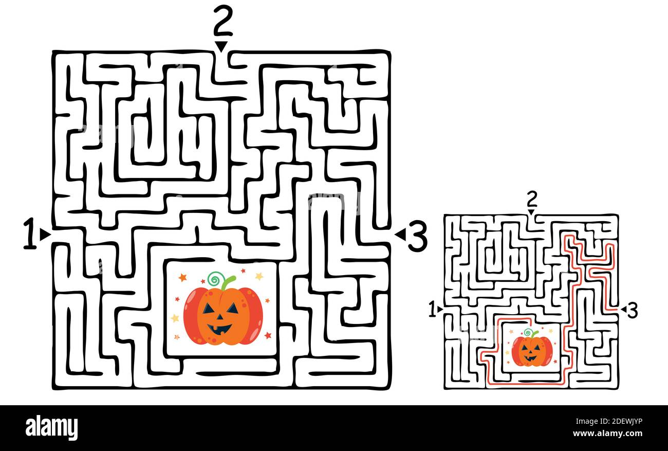 Gioco a labirinto quadrato di Halloween labirinto per bambini. Logica labirintica. Tre ingressi e una strada a destra per andare. Immagine piatta vettoriale Illustrazione Vettoriale