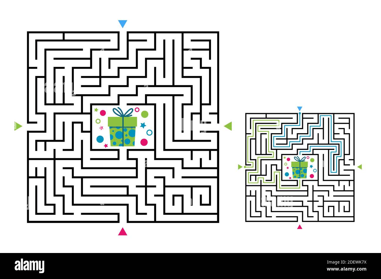 Labirinto quadrato gioco labirinto per bambini. Logica labirintica. Quattro ingressi e due a destra per andare. Immagine piatta vettoriale Illustrazione Vettoriale