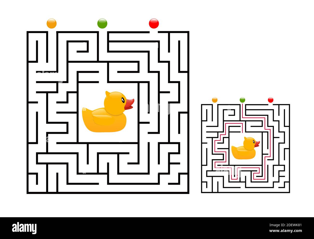 Labirinto quadrato gioco labirinto per bambini con anatra di gomma. Logica labirintica. Tre ingressi e una strada a destra per andare. Immagine piatta vettoriale Illustrazione Vettoriale