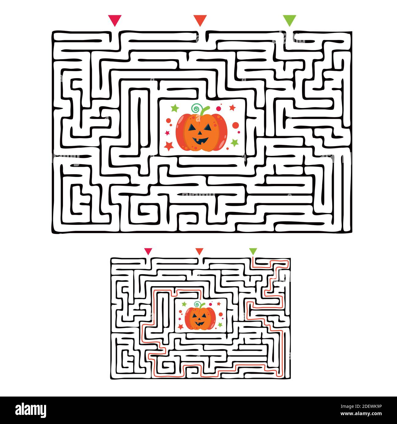 Labirinto rettangolare Halloween gioco labirinto per bambini. Logica labirintica. Tre ingressi e una strada a destra per andare. Immagine piatta vettoriale Illustrazione Vettoriale