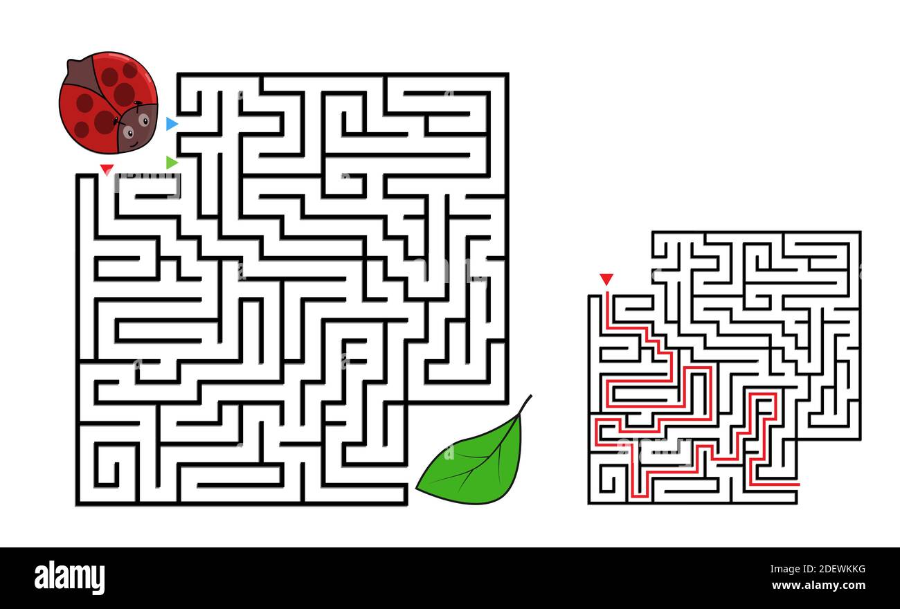 Labirinto di labirinti quadrati con personaggi cartoni animati. Carino ladybug. Interessante gioco per bambini con soluzione. Foglio di lavoro per l'istruzione. Illustrazione Vettoriale