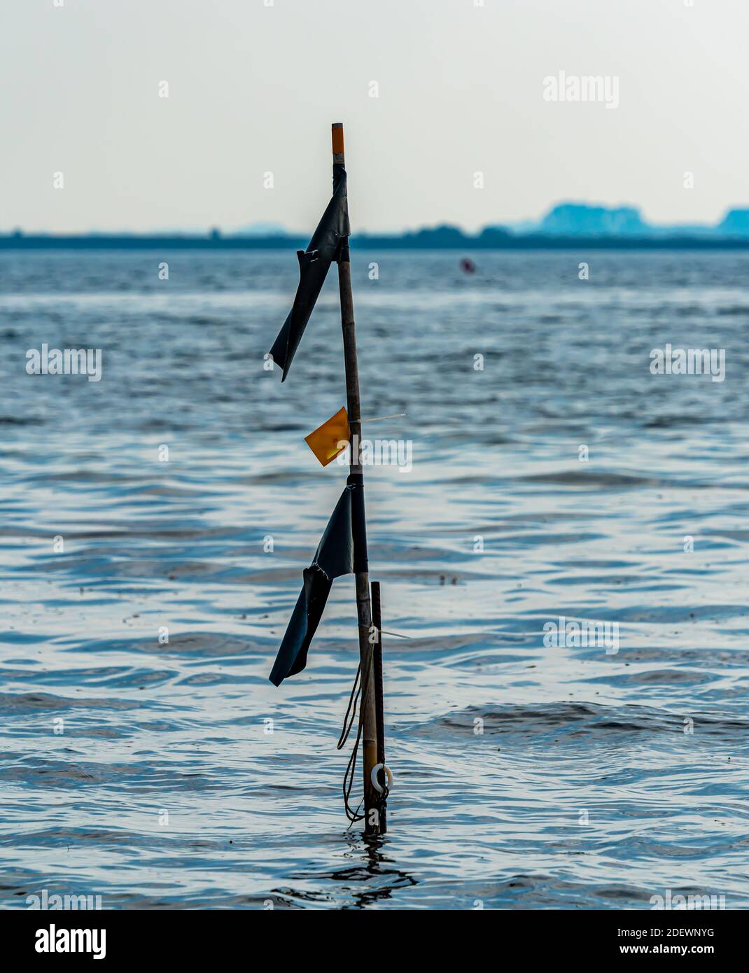 Palo con bandiere che segnano la posizione delle reti da pesca sottomarine lungo la riva. . Foto di alta qualità Foto Stock