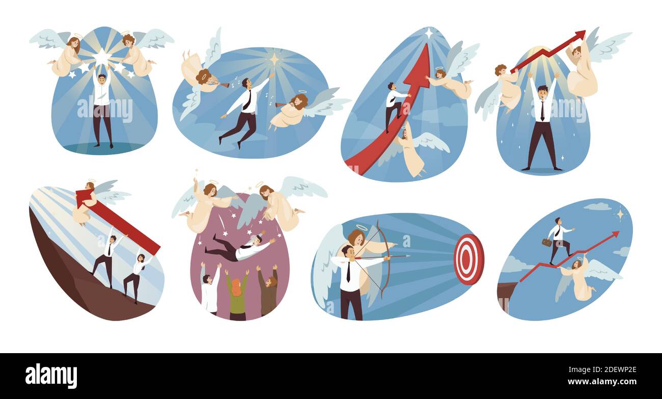 Religione, commercio, concetto di insieme di sostegno. Gesù Cristo angeli i personaggi religiosi biblici aiutando i dirigenti d'affari a raggiungere il successo finanziario. Sostegno divino illustrazione cristianità. Illustrazione Vettoriale