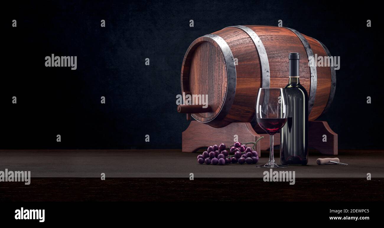 Bicchiere di vino rosso e bottiglia d'annata di lusso composizione. Vino cultura rustica con bicchiere, bottiglia e barile. Gustoso primo piano di vino rosso. rendering 3d. Foto Stock