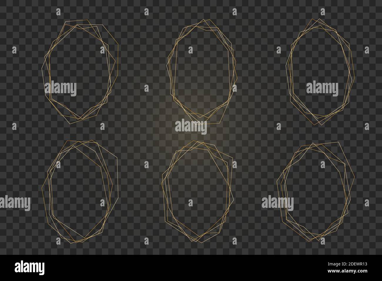 set di cornici dorate astratte per la progettazione trendy di inviti, biglietti d'auguri, biglietti da visita, stampa. Linee sottili e delicate di lusso dorate, forme geometriche isolate su sfondo trasparente. Illustrazione Vettoriale