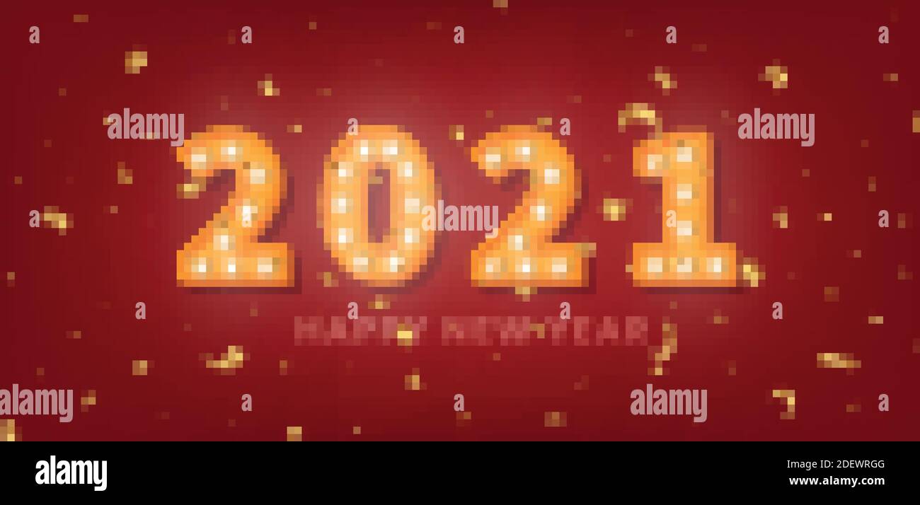 2021 Felice Anno Nuovo. Testo delle lampadine in 3D color oro e confetti dorati per la festa di Capodanno Illustrazione Vettoriale