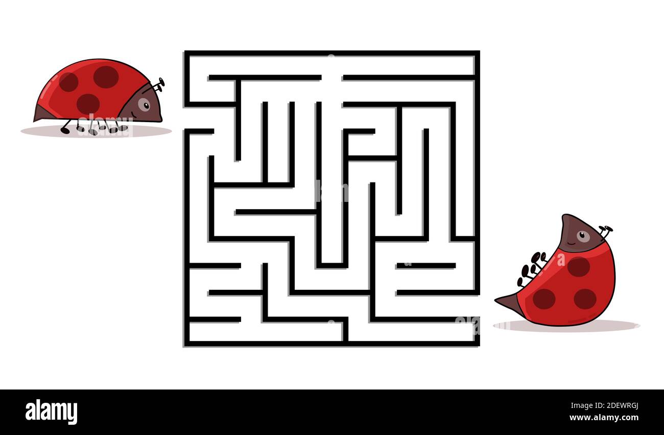 Labirinto di labirinti quadrati con personaggi cartoni animati. Carino ladybug. Interessante gioco per bambini. Foglio di lavoro per l'istruzione. Illustrazione Vettoriale
