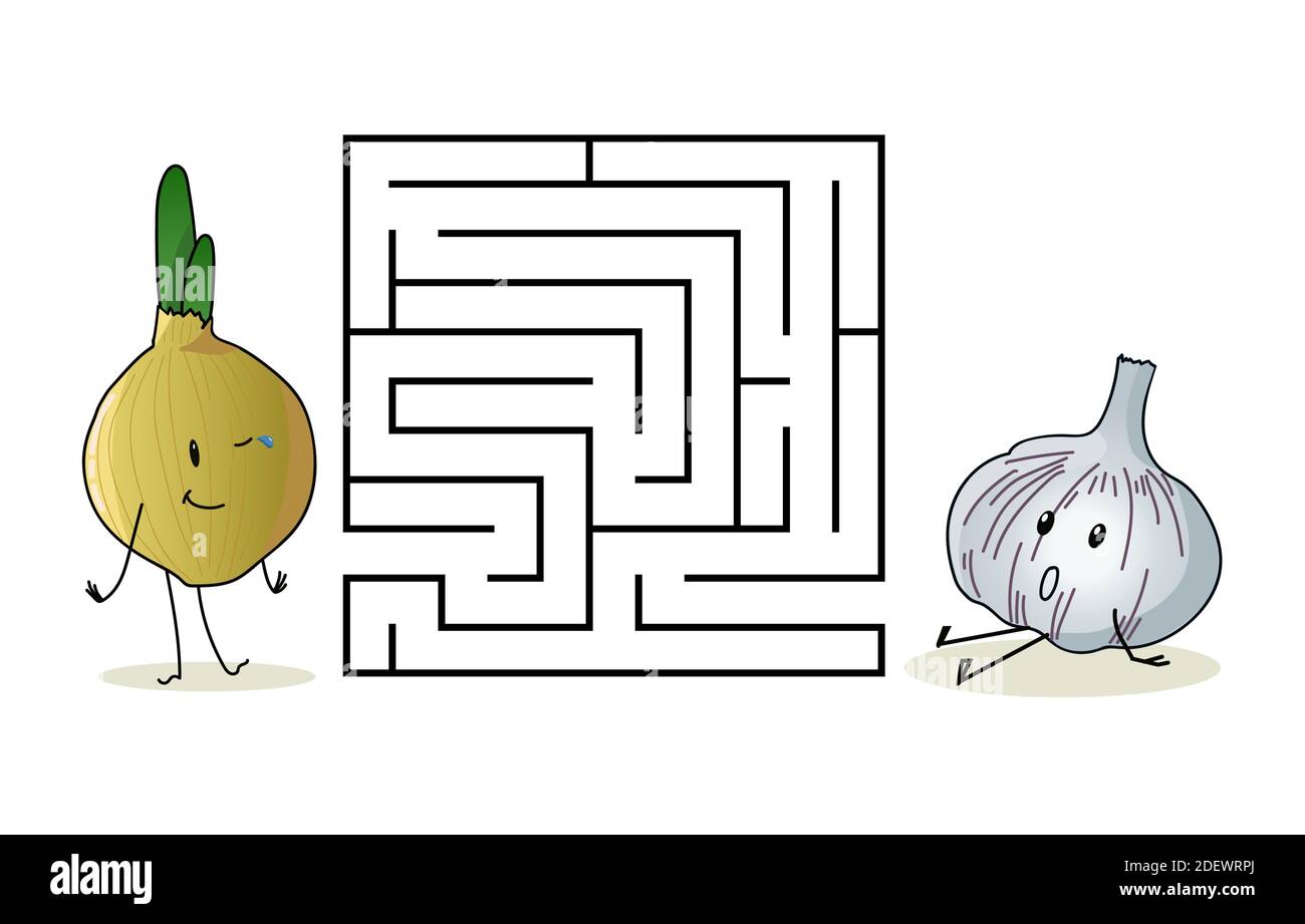 Labirinto di labirinti quadrati con personaggi cartoni animati. Cipolla e aglio carino. Interessante gioco per bambini. Foglio di lavoro per l'istruzione. Illustrazione Vettoriale