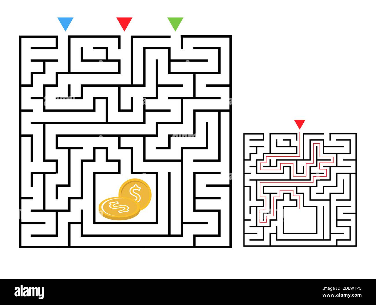 Labirinto quadrato gioco labirinto per bambini. Logica labirintica. Tre ingressi e una strada a destra per andare. Immagine piatta vettoriale Illustrazione Vettoriale