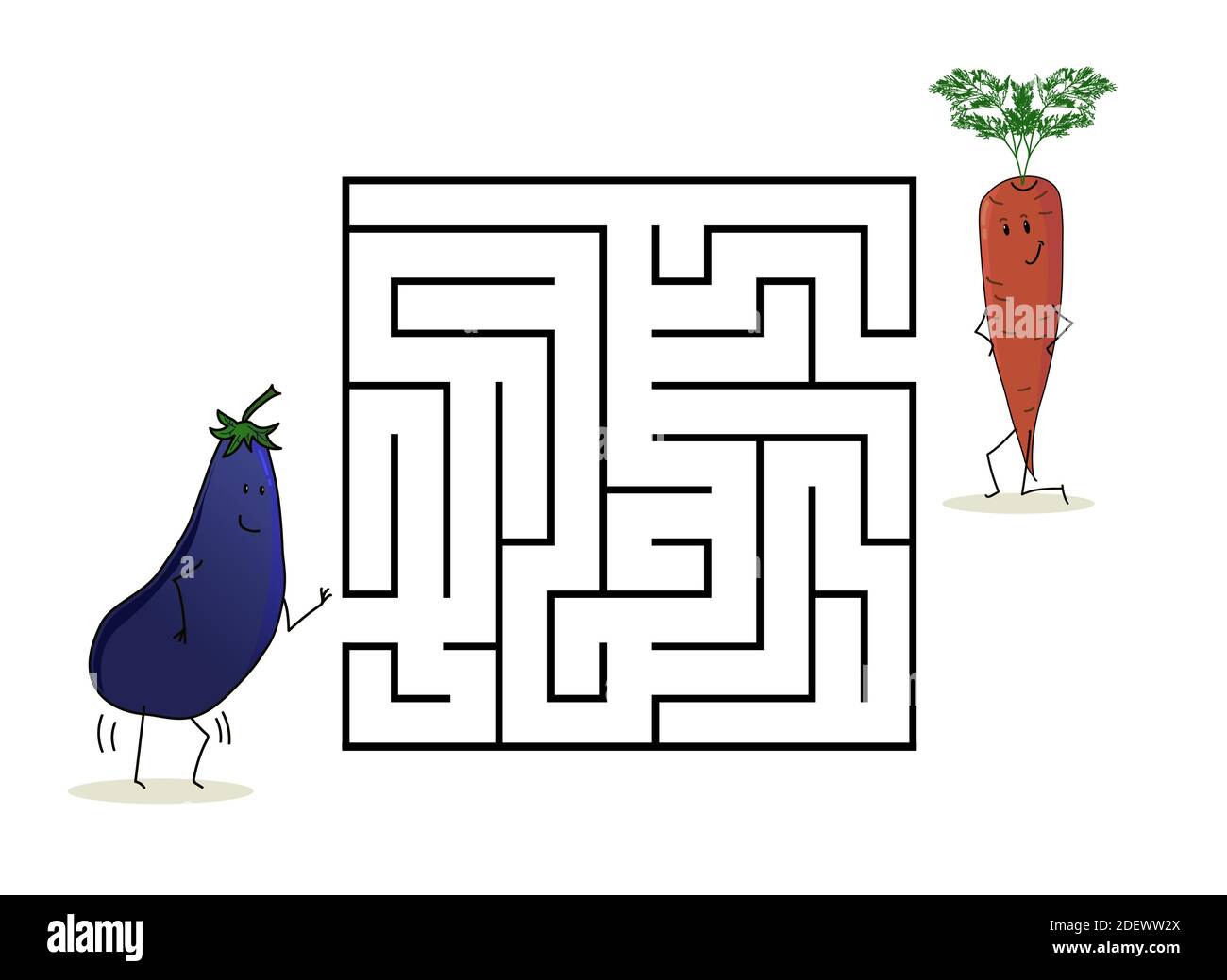 Labirinto di labirinti quadrati con personaggi cartoni animati. Carino melanzane e carote. Interessante gioco per bambini. Foglio di lavoro per l'istruzione. Illustrazione Vettoriale