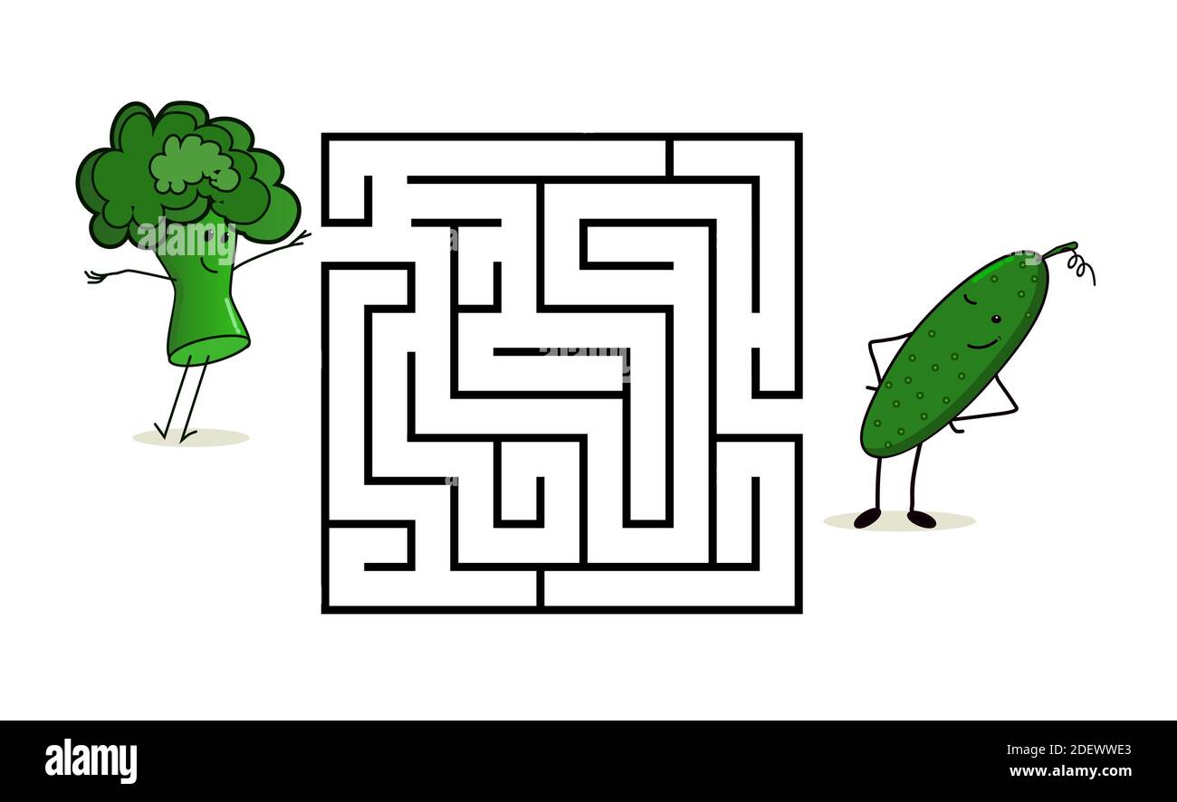 Labirinto di labirinti quadrati con personaggi cartoni animati. Carino cetriolo e broccoli. Interessante gioco per bambini. Foglio di lavoro per l'istruzione. Illustrazione Vettoriale