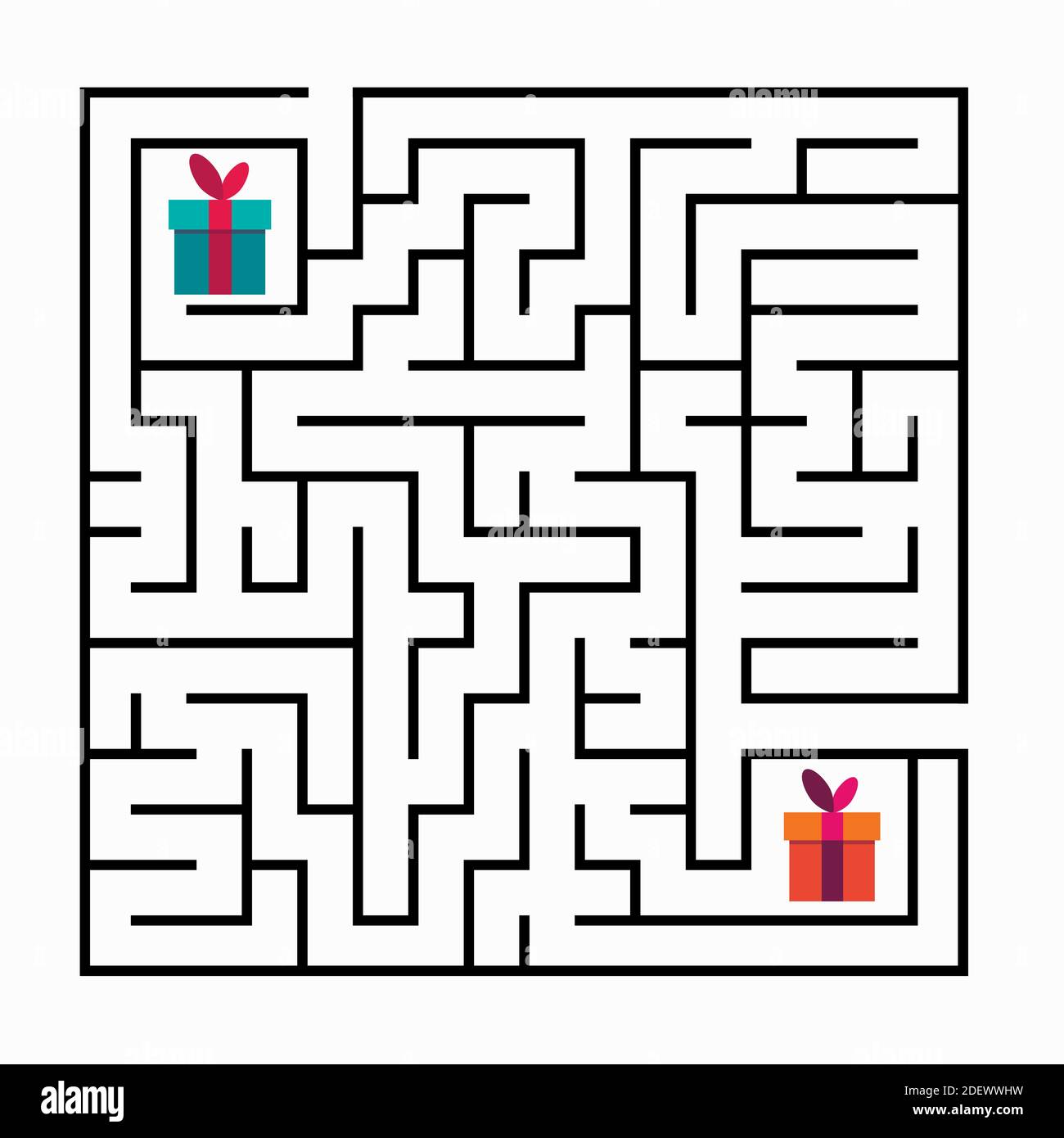 Labirinto quadrato gioco labirinto per bambini. Logica labirintica. Due ingressi e due vie giuste per andare. Immagine piatta vettoriale Illustrazione Vettoriale