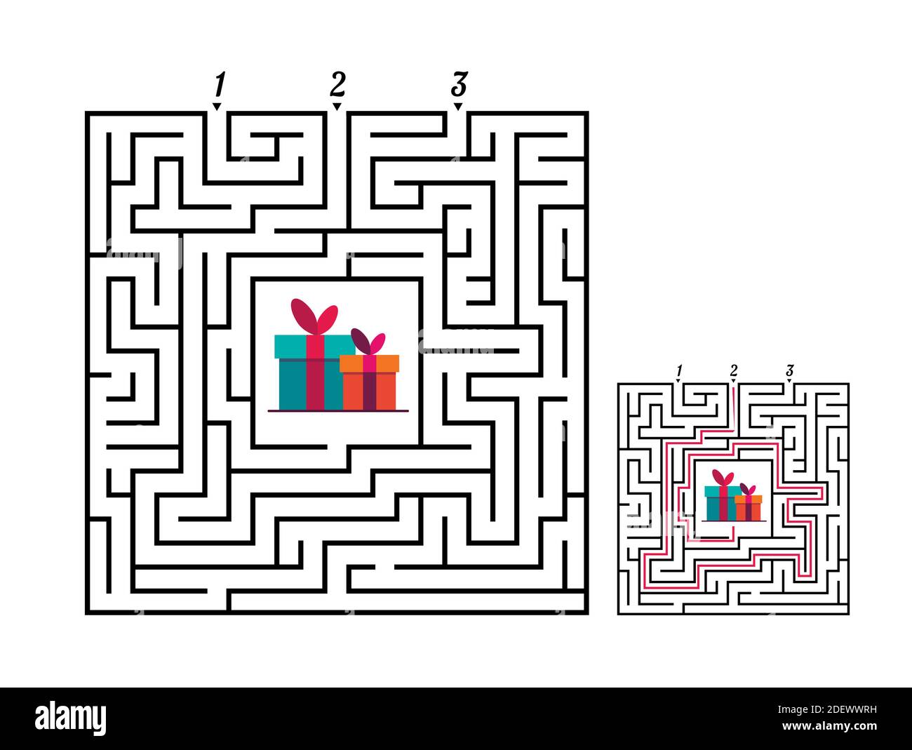 Labirinto quadrato gioco labirinto per bambini. Logica labirintica. Tre ingressi e una strada a destra per andare. Immagine piatta vettoriale Illustrazione Vettoriale