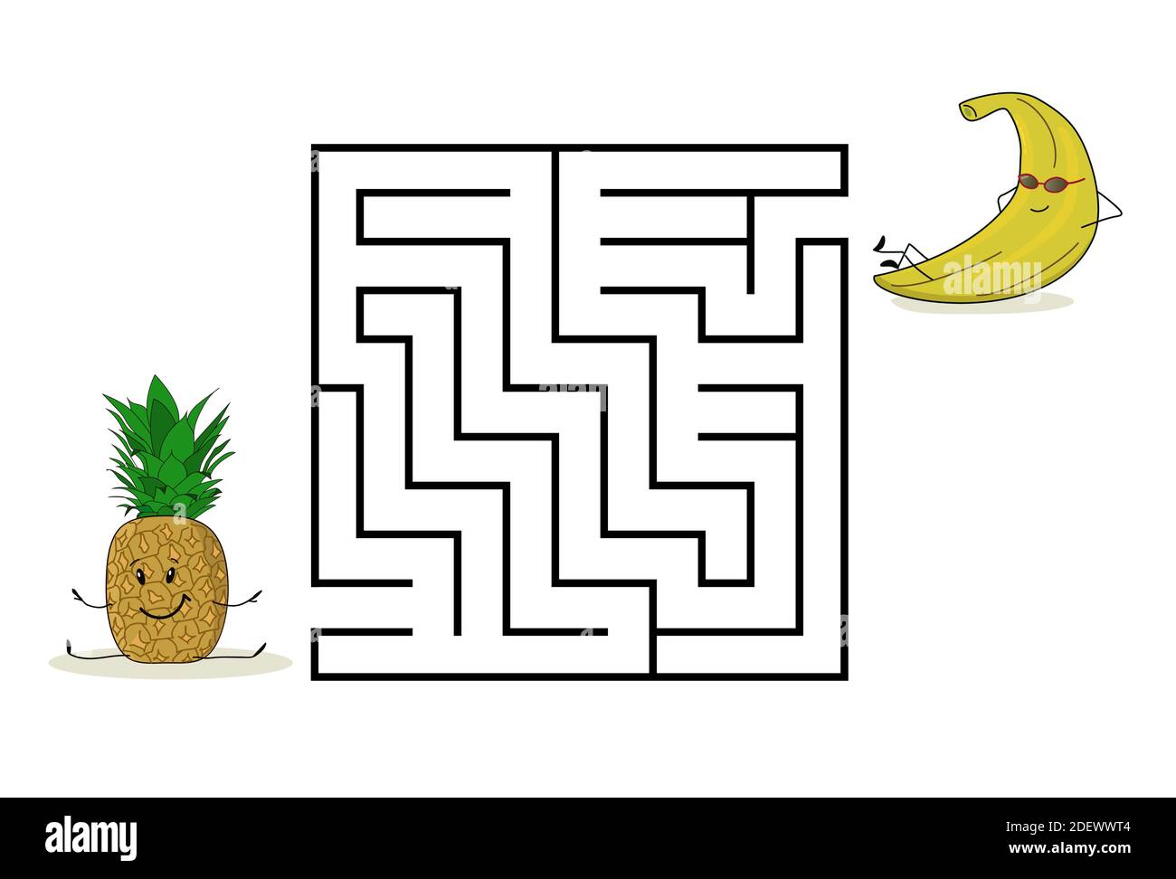 Labirinto di labirinti quadrati con personaggi cartoni animati. Carino frutta ananas e banana. Interessante gioco per bambini. Foglio di lavoro per l'istruzione. Illustrazione Vettoriale