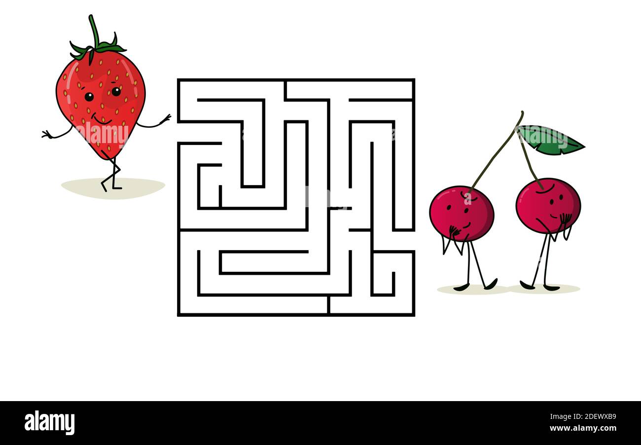 Labirinto di labirinti quadrati con personaggi cartoni animati. Fragole e ciliegie carine. Interessante gioco per bambini. Foglio di lavoro per l'istruzione. Illustrazione Vettoriale