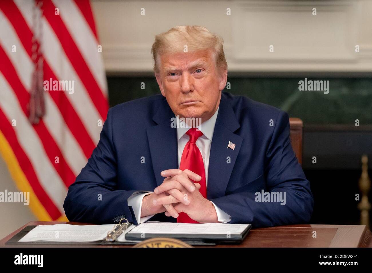 WASHINGTON DC, USA - 26 novembre 2020 - il presidente Donald J. Trump parla con il personale militare giovedì 26 novembre 2020, durante un Ringravino Foto Stock