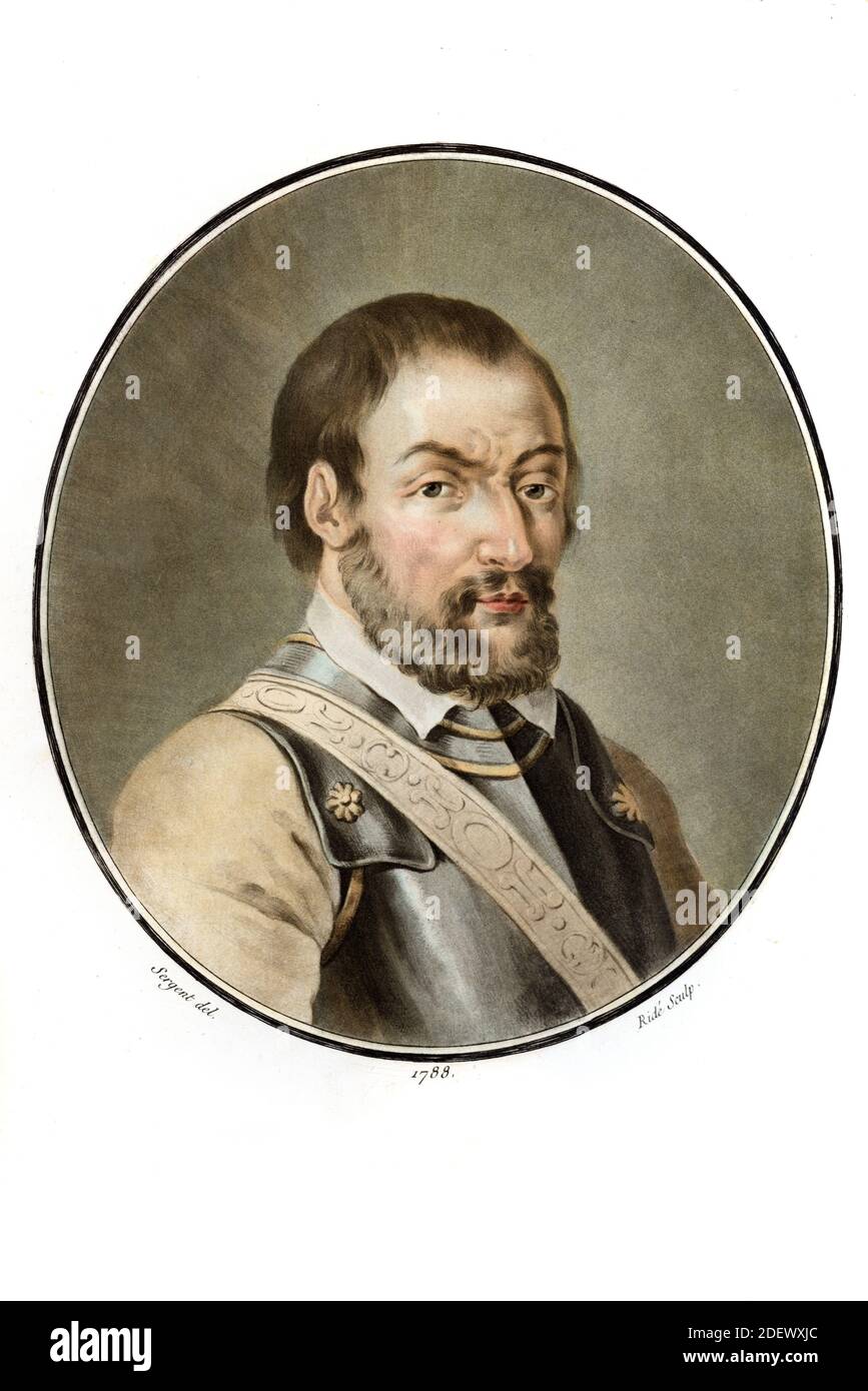 Ritratto di Pierre de Terrail Seigneur de Bayard (c1476-1524) aka Seigneur de Bayard, Soldato francese o Cavaliere (1788) (Sergent, Ridé) incisione o illustrazione Foto Stock