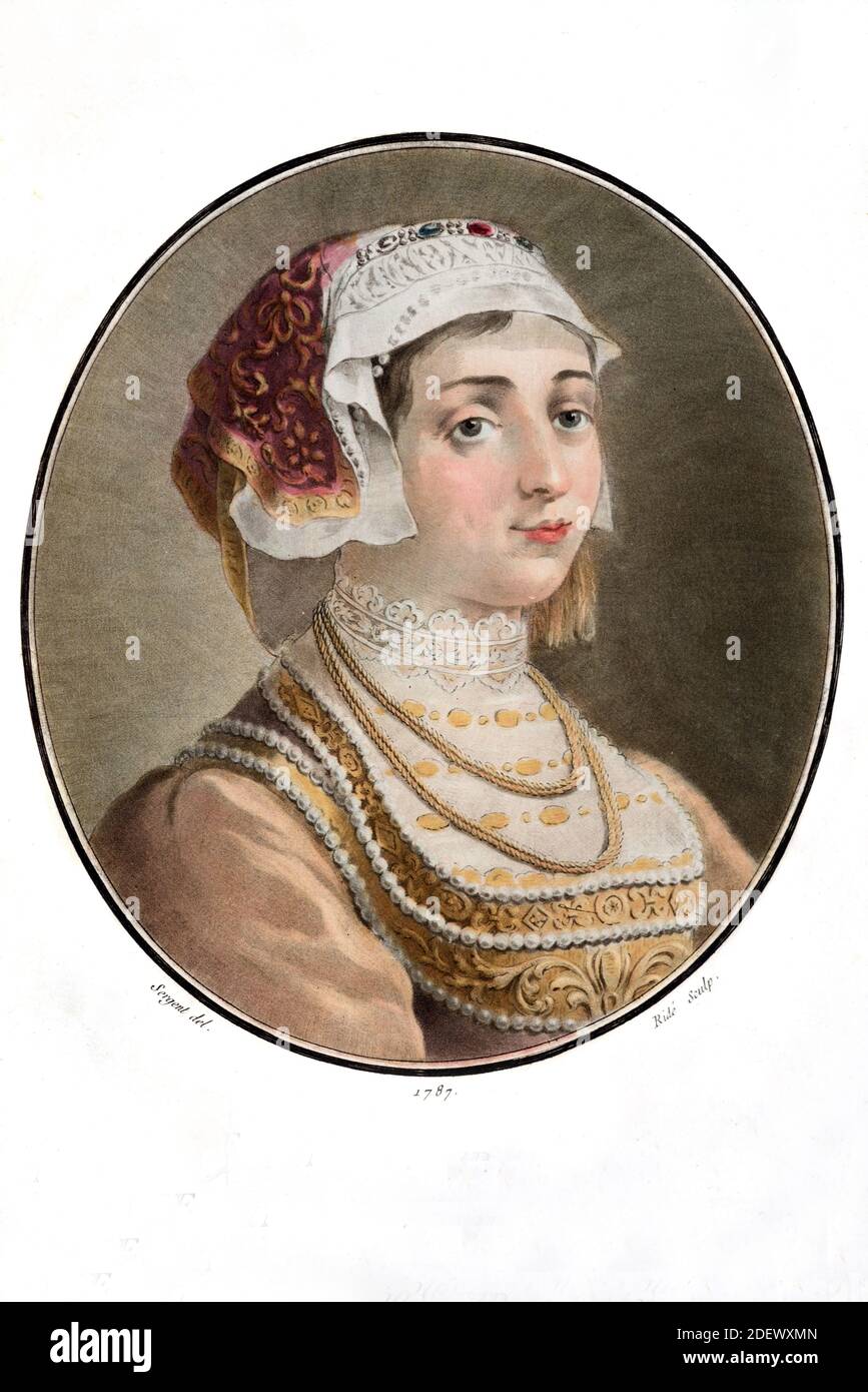 Ritratto di Margherita d'Angiò (1430-1482) Regina d'Inghilterra & Queen Consort of France con abito medievale (1787 anni) (Sergent-Ridé) Illustrazione o incisione Foto Stock