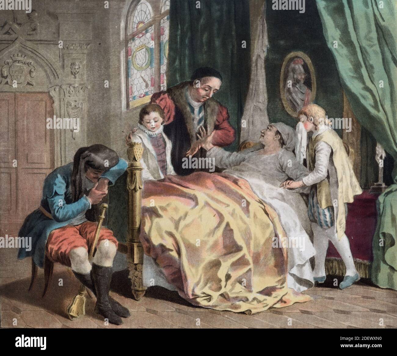 Giovanni IV Duca di Bretagna (1345-1399) sul letto di morte chiede Olivier De Clisson a prendere la responsabilità per i suoi figli (1788 anni) (Sergente) Illustrazione o incisione Foto Stock