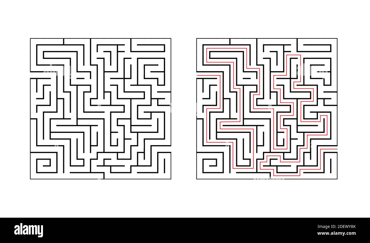 Labirinto quadrato gioco per bambini. Educazione logica con contorno nero gioco con risposta. Trova il modo giusto. Illustrazione vettoriale. Illustrazione Vettoriale