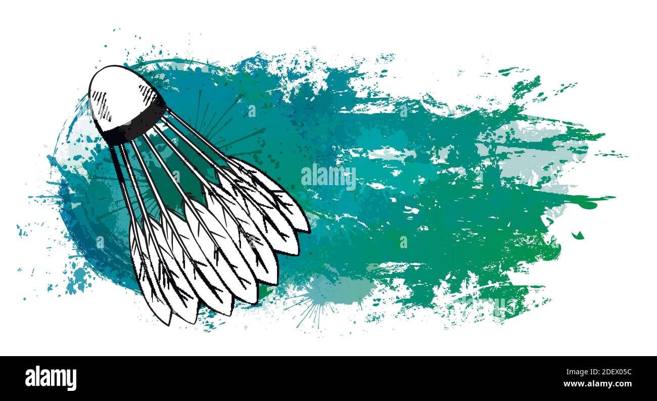 Schizzo del contorno di un'ottecock con un tratteggio su una traccia di grunge turchese con spruzzi di acquerello. Attrezzature per giochi sportivi. Modelli vettoriali per l Illustrazione Vettoriale