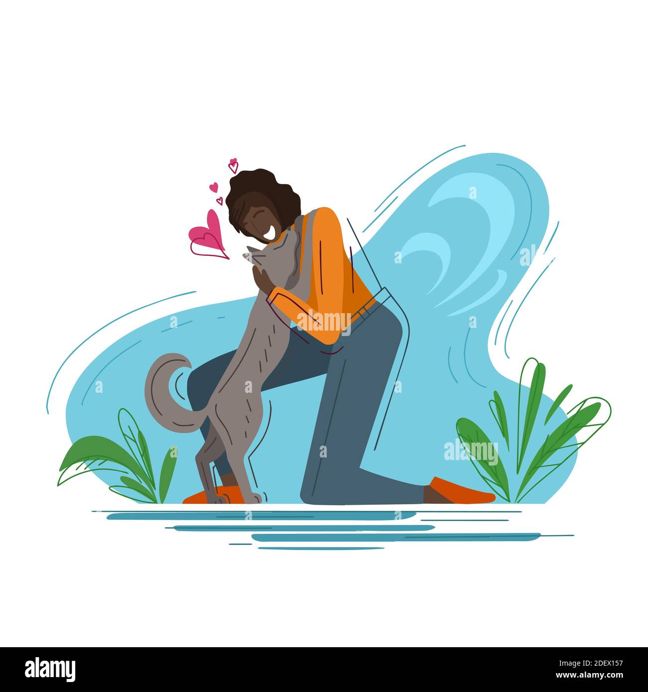 Amore per gli animali domestici. Illustrazione alla moda. Gioiosa donna africana che abbracciava un cane su uno sfondo astratto. Aiutare gli animali senza casa. Illusione piatta vettore Illustrazione Vettoriale