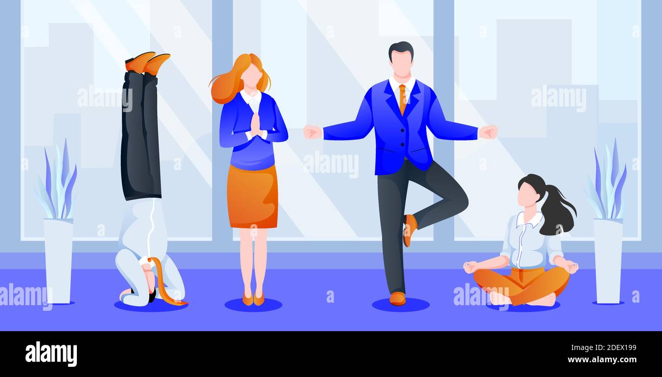 I manager del team aziendale hanno 5 minuti di pausa, fare yoga in ufficio. Donne e uomini che meditano nel moderno gabinetto. Illustrazione vettoriale. Concetto per la creazione di team Illustrazione Vettoriale