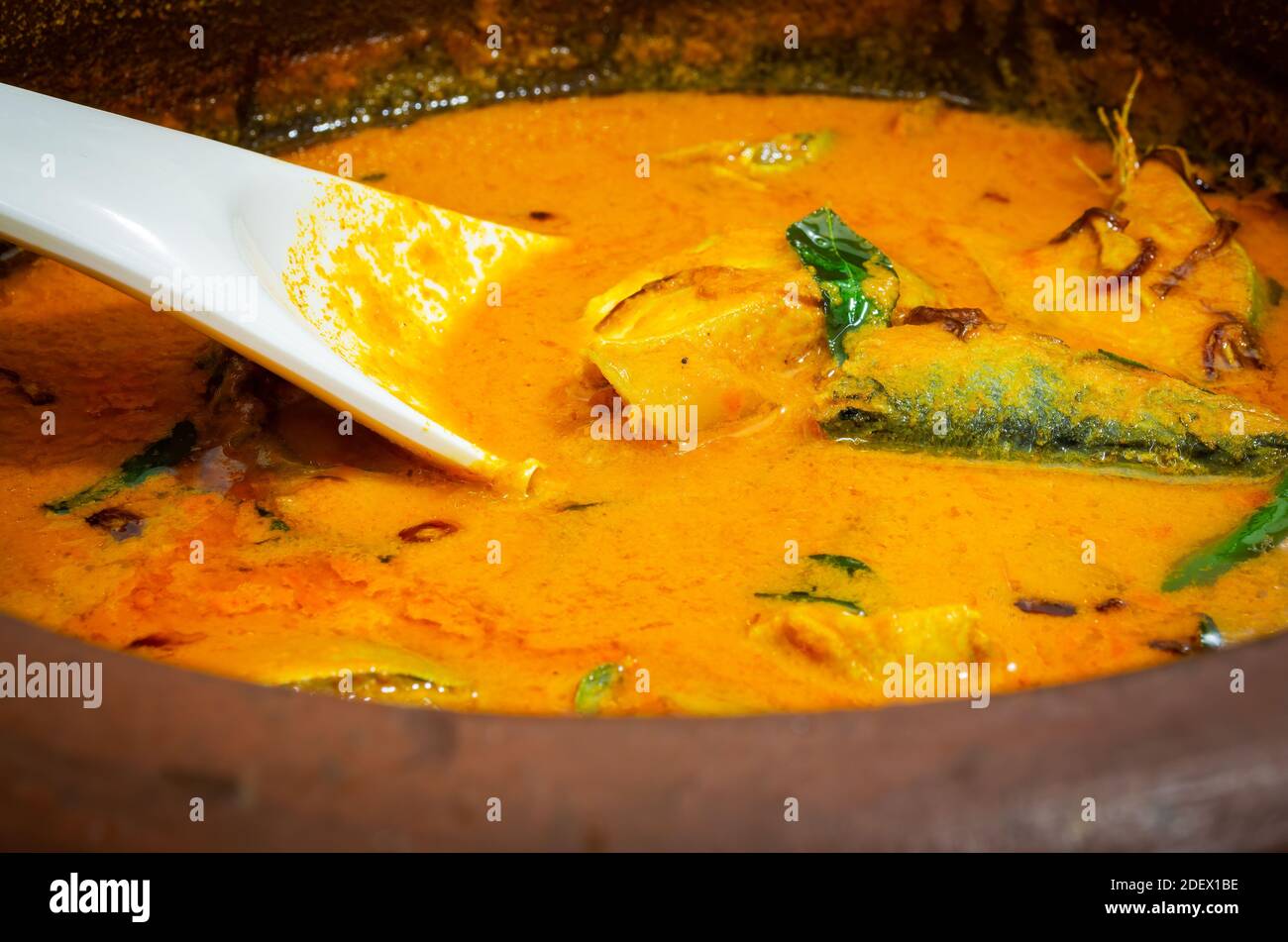 Primo piano di curry indiano di pesce Mackeral in una pentola di terra con un mestolo bianco immerso in esso Foto Stock