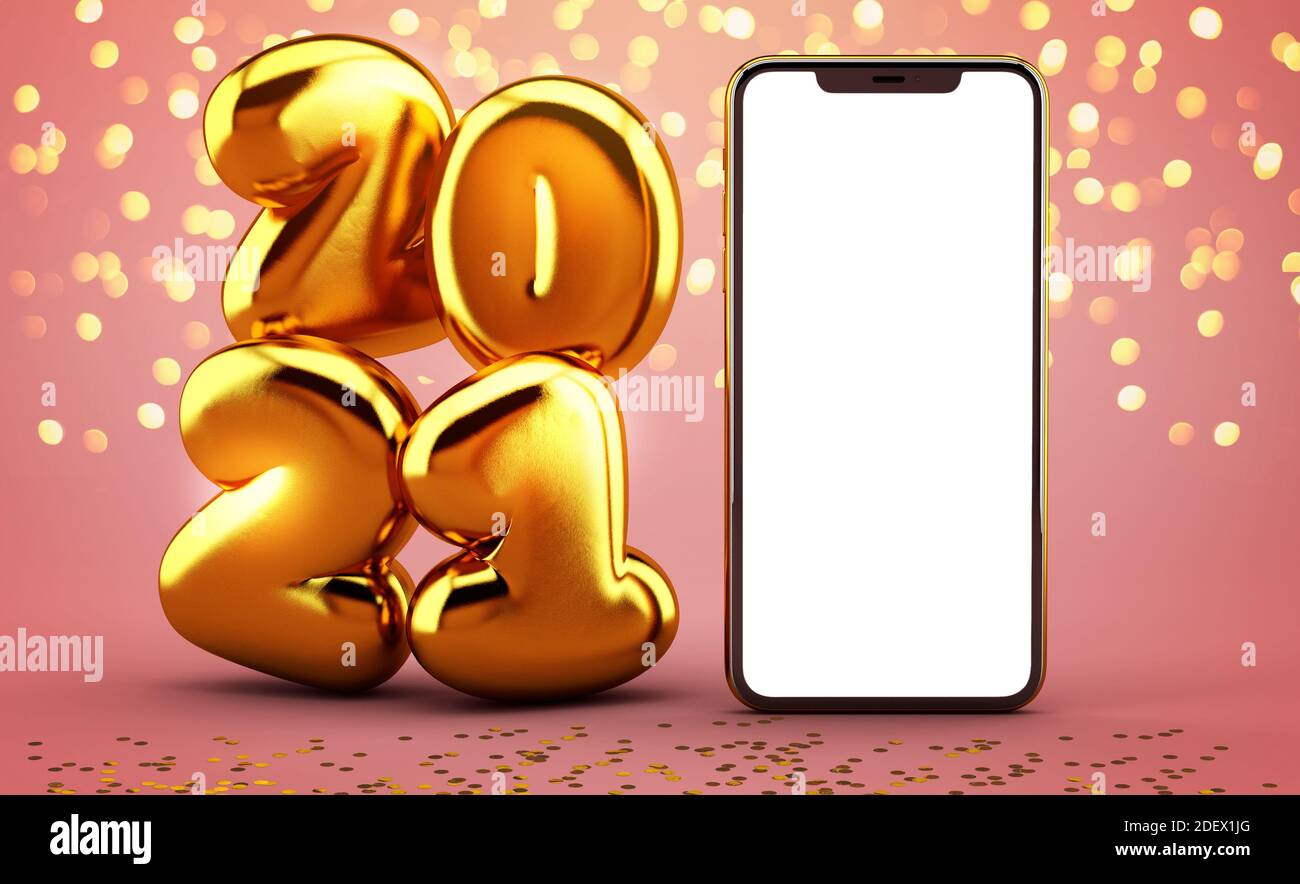 Mockup del telefono con 2021 numeri dorati su sfondo rosa. Buon modello mobile per il nuovo anno. Schermata vuota Foto Stock